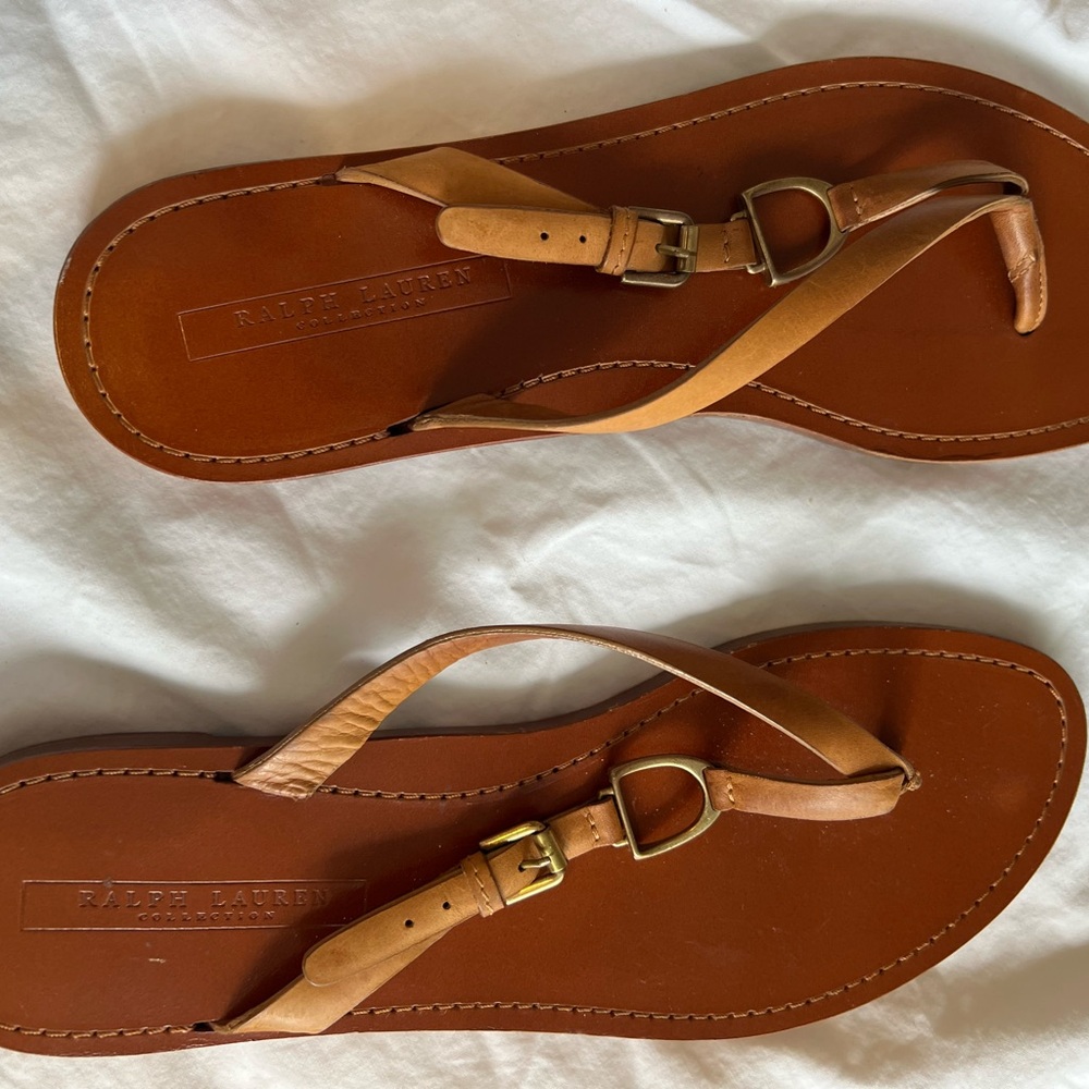 Ralph Lauren Tan Leather Thong Sandals with Gold Buckle